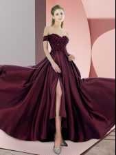 High End Burgundy Prom Dress Prom and Party and Military Ball with Beading Off The Shoulder Sleeveless Sweep Train Zipper