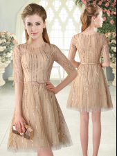 Spectacular Champagne Half Sleeves Sequins Mini Length Homecoming Dress