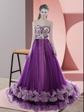  Sleeveless Sweep Train Lace Up Appliques Prom Dresses