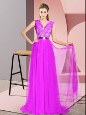  Purple Sleeveless Beading and Lace Zipper Prom Gown