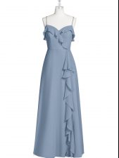 Chic A-line Prom Evening Gown Blue Spaghetti Straps Chiffon Sleeveless Floor Length Zipper