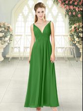Luxury Sleeveless Ankle Length Ruching Backless Evening Dress with Green