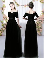 Romantic Empire Quinceanera Court of Honor Dress Black Off The Shoulder Chiffon Short Sleeves Floor Length Lace Up