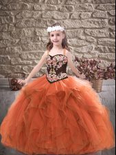  Tulle Straps Sleeveless Lace Up Embroidery and Ruffles Girls Pageant Dresses in Rust Red