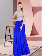  Scoop Sleeveless Homecoming Dress Floor Length Beading Royal Blue Chiffon
