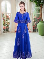  Lace Homecoming Dress Royal Blue Lace Up Half Sleeves Floor Length