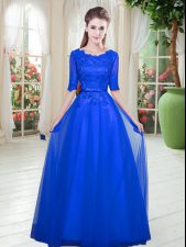 Adorable Royal Blue Half Sleeves Tulle Lace Up for Prom and Party