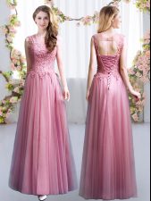  Pink Scoop Lace Up Lace Dama Dress Sleeveless
