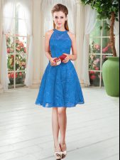  Blue Zipper Evening Dress Sleeveless Knee Length Lace