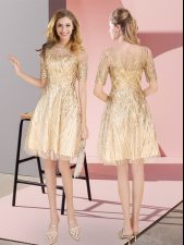 Fashionable Knee Length A-line Half Sleeves Gold Dress for Prom Zipper
