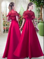 Hot Sale Floor Length Red Prom Dress Satin Short Sleeves Lace