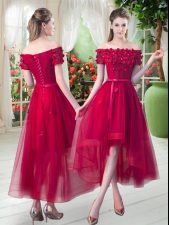 Glorious Red Tulle Lace Up Off The Shoulder Short Sleeves High Low Prom Evening Gown Appliques