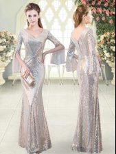 Luxury Floor Length Silver Prom Evening Gown Sequined Long Sleeves Ruching