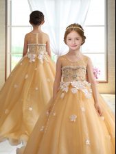  Gold Little Girls Pageant Gowns Wedding Party with Beading and Appliques Scoop Sleeveless Brush Train Zipper