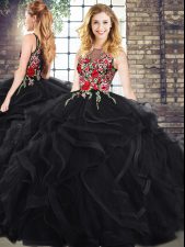  Scoop Sleeveless 15 Quinceanera Dress Embroidery and Ruffles Black