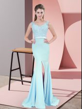  V-neck Sleeveless Prom Dress Sweep Train Beading and Lace Blue Chiffon