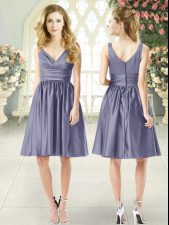 Unique V-neck Sleeveless Homecoming Dress Knee Length Ruching Blue Taffeta