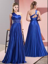 Customized Floor Length Backless Prom Dress Royal Blue for Prom and Party and Military Ball with Beading and Ruching