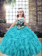  Aqua Blue and Turquoise Ball Gowns Organza Straps Sleeveless Embroidery and Ruffles Floor Length Lace Up Child Pageant Dress