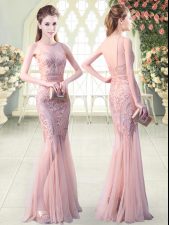 Decent Pink Backless Prom Gown Sequins Sleeveless Floor Length