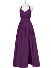  Eggplant Purple Chiffon Zipper Halter Top Sleeveless Floor Length Prom Dresses Ruching