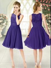 Fitting Purple Empire Chiffon Scoop Sleeveless Lace Knee Length Zipper Evening Dress