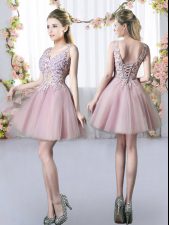  Mini Length Lace Up Damas Dress Pink for Prom and Party and Wedding Party with Appliques