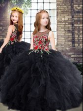  Black Sleeveless Floor Length Embroidery and Ruffles Zipper Little Girls Pageant Dress Wholesale