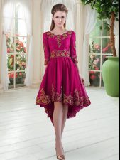 Dynamic Long Sleeves High Low Embroidery Lace Up Evening Dress with Fuchsia