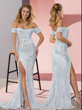 Beautiful Silver Short Sleeves Sequined Sweep Train Prom Gown for Prom and Party