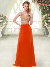 Delicate Rust Red Two Pieces Chiffon Straps Sleeveless Beading Floor Length Zipper Homecoming Dress