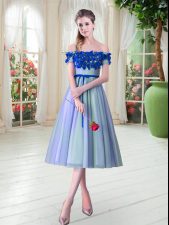 Top Selling Tea Length Blue Prom Dresses Off The Shoulder Sleeveless Lace Up
