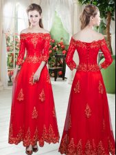 Best Off The Shoulder 3 4 Length Sleeve Prom Party Dress Floor Length Lace and Appliques Red Tulle