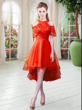  Rust Red Tulle Zipper High-neck Short Sleeves High Low Evening Dress Lace