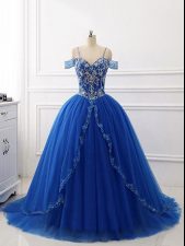 Hot Sale Sleeveless Tulle Brush Train Lace Up Quinceanera Gown in Royal Blue with Beading