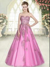  Rose Pink A-line Sweetheart Sleeveless Tulle Floor Length Lace Up Appliques Prom Dress