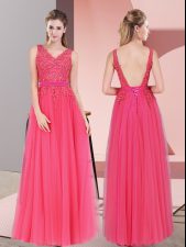 Pretty Tulle V-neck Sleeveless Backless Lace Prom Dresses in Hot Pink