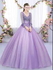 High Class Lace and Appliques Quinceanera Dress Lavender Zipper Long Sleeves Floor Length