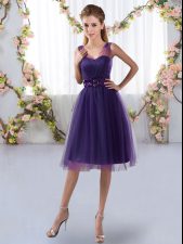 Exquisite Empire Quinceanera Court of Honor Dress Purple V-neck Tulle Sleeveless Knee Length Zipper