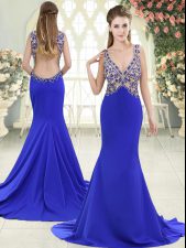 Spectacular Backless Prom Party Dress Blue for Prom and Party with Beading Sweep Train