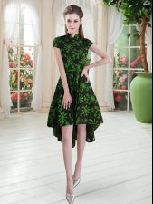 Cute Short Sleeves Lace High Low Zipper Homecoming Dress in Multi-color with Appliques