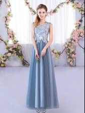  Sleeveless Tulle Floor Length Lace Up Court Dresses for Sweet 16 in Blue with Lace