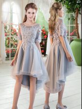 Pretty Grey Prom and Party with Appliques Scoop Half Sleeves Lace Up