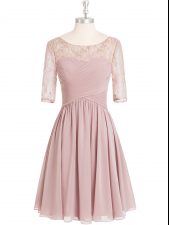 High Quality Pink Half Sleeves Lace and Ruching Knee Length Dress for Prom