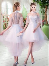  White Zipper High-neck Lace Prom Dresses Tulle Half Sleeves