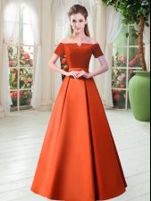 Flare Satin Off The Shoulder Short Sleeves Lace Up Belt Prom Gown in Orange Red