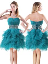 Glorious Teal Lace Up Sweetheart Beading and Ruffles Dress for Prom Organza Sleeveless