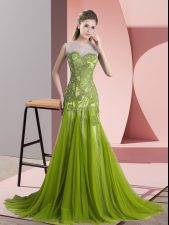 Top Selling Backless Prom Dresses Olive Green for Prom and Party and Military Ball with Beading and Appliques Sweep Train
