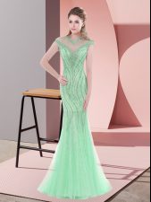 Charming Apple Green Cap Sleeves Tulle Sweep Train Zipper Prom Dresses for Prom and Party and Military Ball