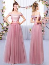 Fancy Pink A-line Off The Shoulder Sleeveless Tulle Floor Length Lace Up Appliques Quinceanera Dama Dress